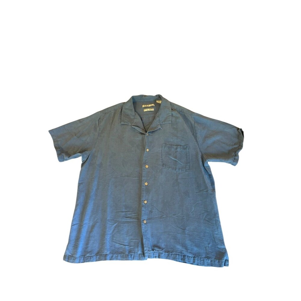 Batik Bay Silk Short Sleeve Button Down Shirt Blue Tropical Leaf Print Mens XL